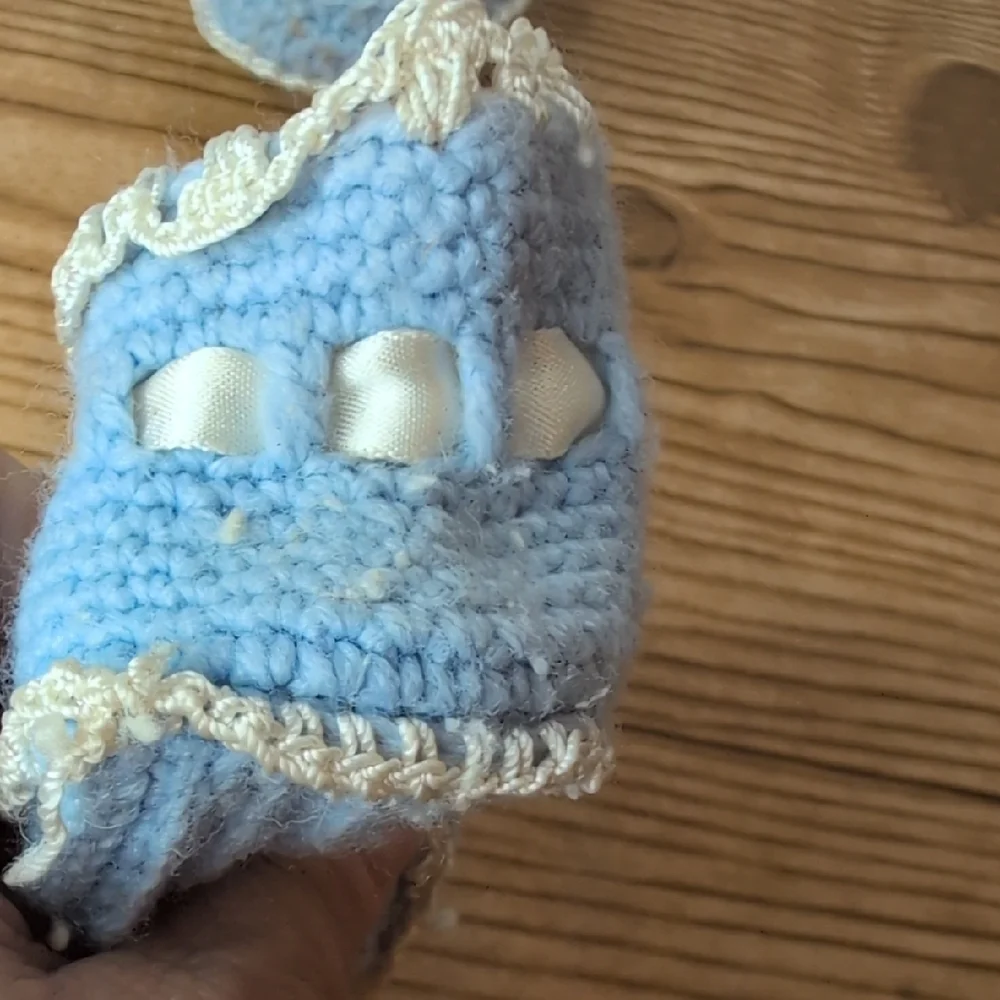 Vintage Crochet Handmade Blue Baby Booties with Ribbon